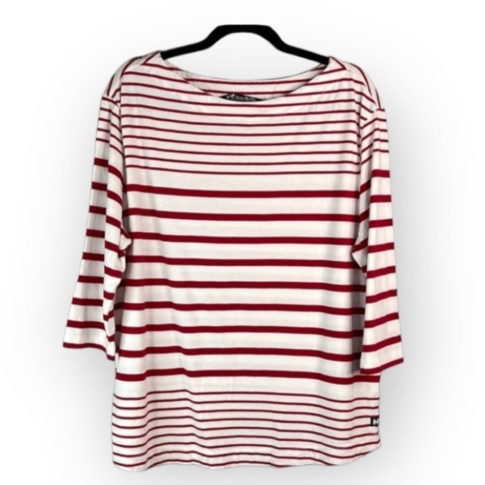 Helly Hansen Striped Top Red White Horizontal Boat Neck 3/4 Sleeve relaxed XL